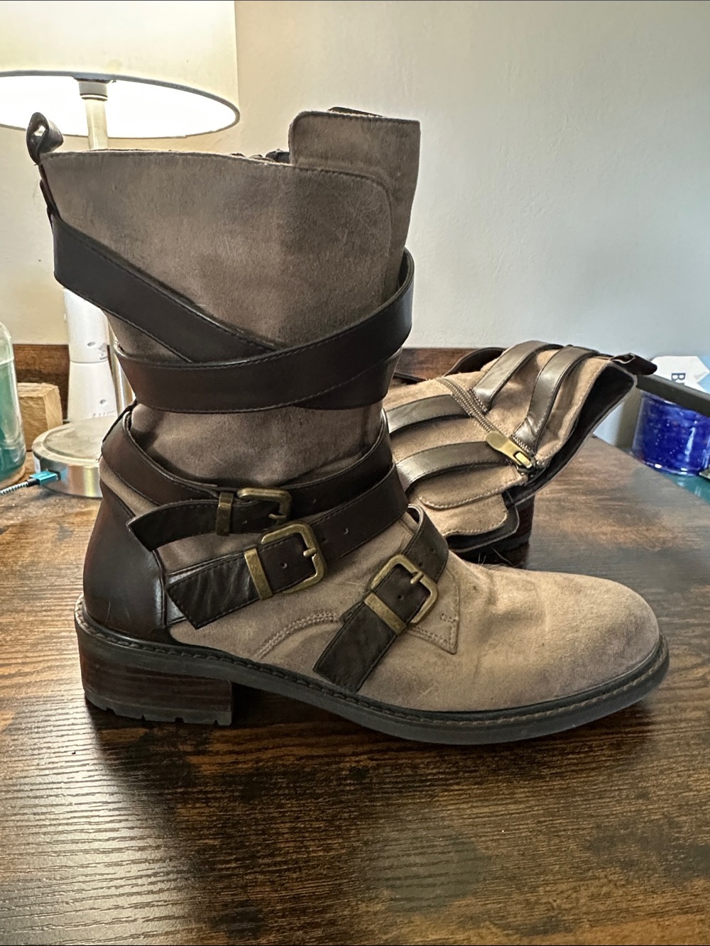 Azure Strappy Leather Combat Boots